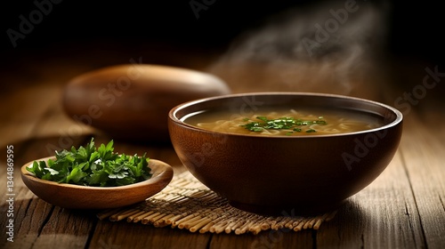 side view of clear chicken soup served on rustic table