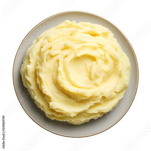 Creamy Mashed Potatoes on a Plate A Top Down View of Smooth Mashed Potatoes in a Light Gray Plate