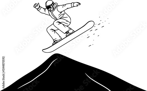 Outline of a snowboarder in mid-air minimal winter sports vector illustration