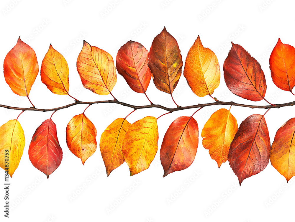Fototapeta premium Autumn leaves in shades of red, orange, and yellow arranged on a branch against a transparent background, PNG