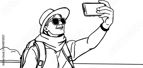 Outline of a man tourist holding a camera minimal vacation photo vector icon.