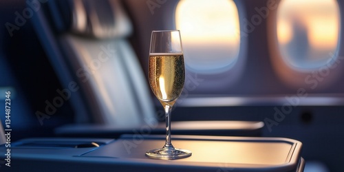 A glass of champagne on the fold-down table in business class on an airplane.