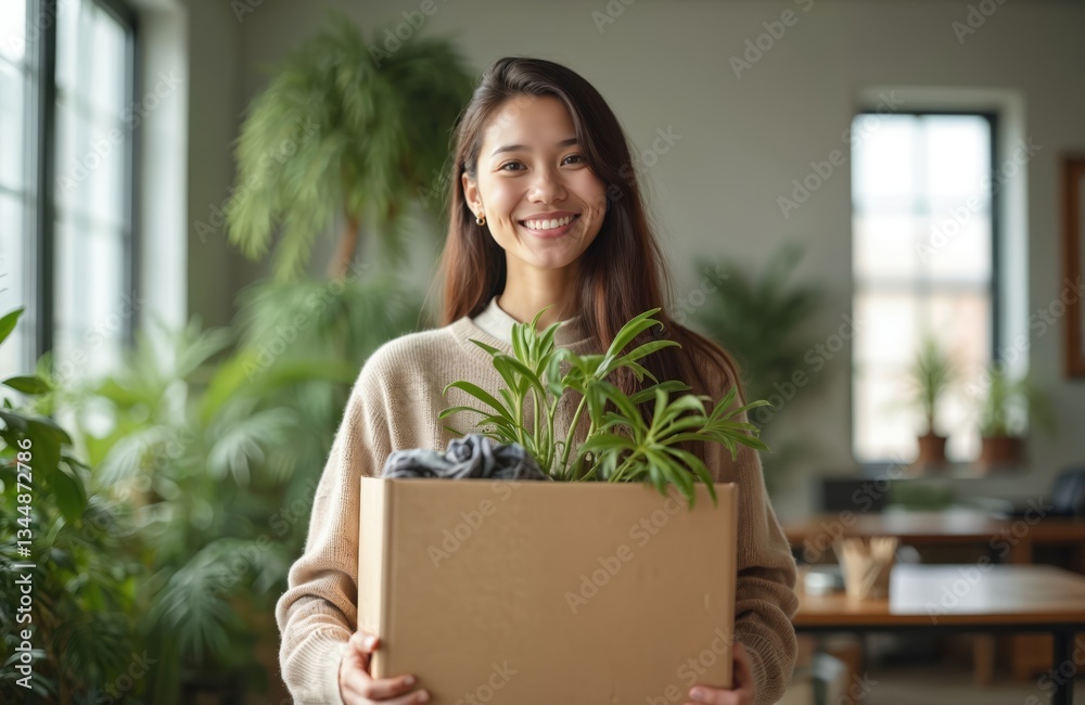 Smiling asian woman starts job holding box with belongings, plant. Happy employee in modern office, natural light. New career opportunity, recruitment, hiring, first day at work. Beginning of new Smiling asian woman starts job holding box with belongings, plant. Happy employee in modern office, natural light. New career opportunity, recruitment, hiring, first day at work. Beginning of new