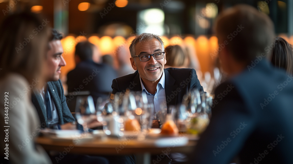 Group of executives engaged in a lively discussion at a networking lunch event, with warm ambient lighting. Group of executives engaged in a lively discussion at a networking lunch event, with warm ambient lighting.