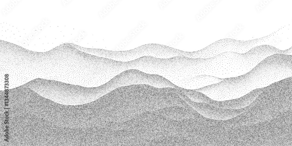Gritty pattern, abstract wave gradient, and grainy overlay. Monochrome background with noise stipple, sand halftone texture, and digital grain glitch art. Vector illustration.