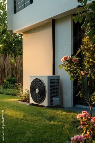 Air source heat pump installed on the wall of residential building in summer morning light.
