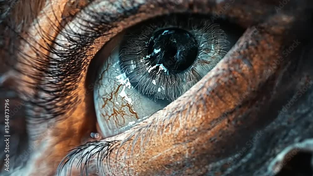 Close-up of a human eye showcasing intricate details, reflections, and textures, emphasizing emotion Close-up of a human eye showcasing intricate details, reflections, and textures, emphasizing emotion