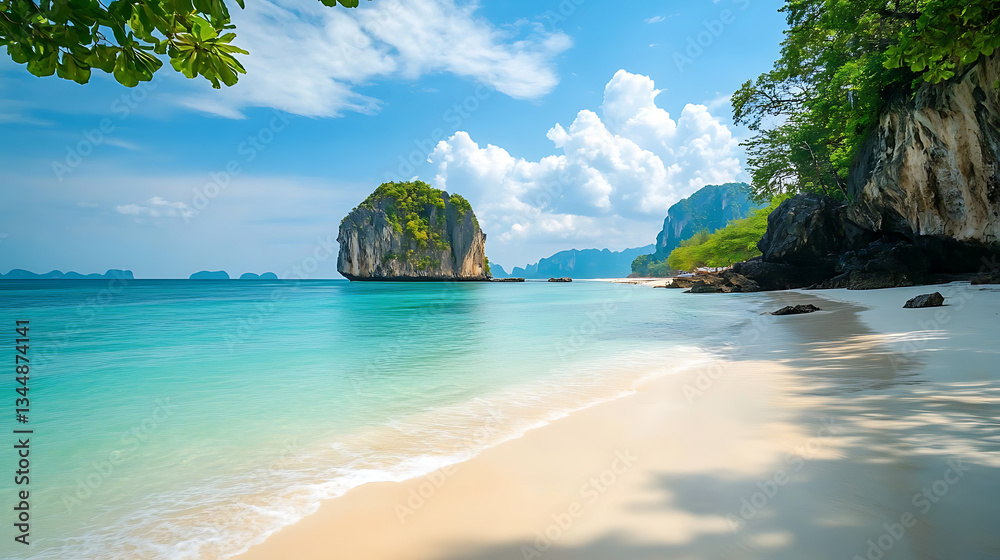 Fototapeta premium Tropical island scenery with bright blue waters and white sandy beach sun rays on the beach and water.