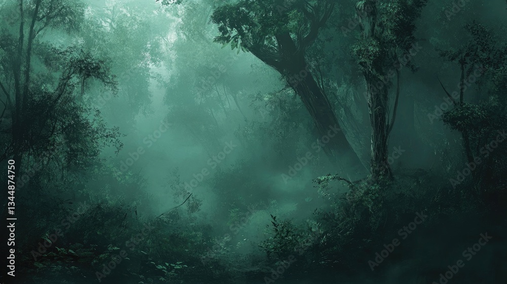 Obraz premium Lush Green Forest Landscape with Mist and Dense Foliage in Ethereal Atmosphere