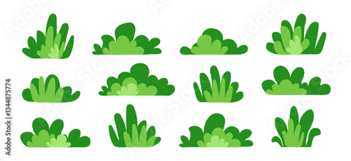 Bush grass, tree and plant, green garden and forest icon. Cartoon park, leaf, lawn. Landscape and meadow, abstract field, cute foliage set isolated on white background. Nature vector illustration