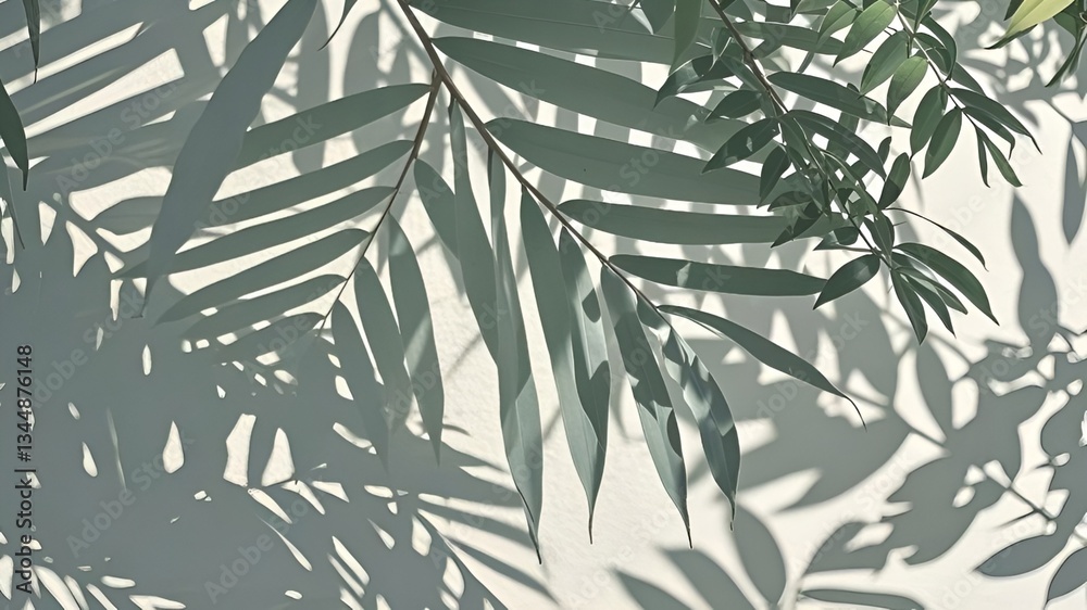 Naklejka premium Shadow background. Natural leaf shadows and sunlight on white wall,pattern,tree