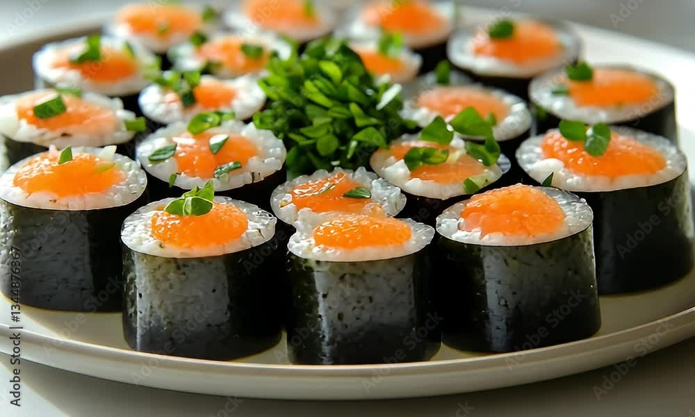 Delicious Sushi Rolls Garnished with Chopped Green Onions on a Platter Ready for Enjoyment in a Gastronomic Setting Delicious Sushi Rolls Garnished with Chopped Green Onions on a Platter Ready for Enjoyment in a Gastronomic Setting