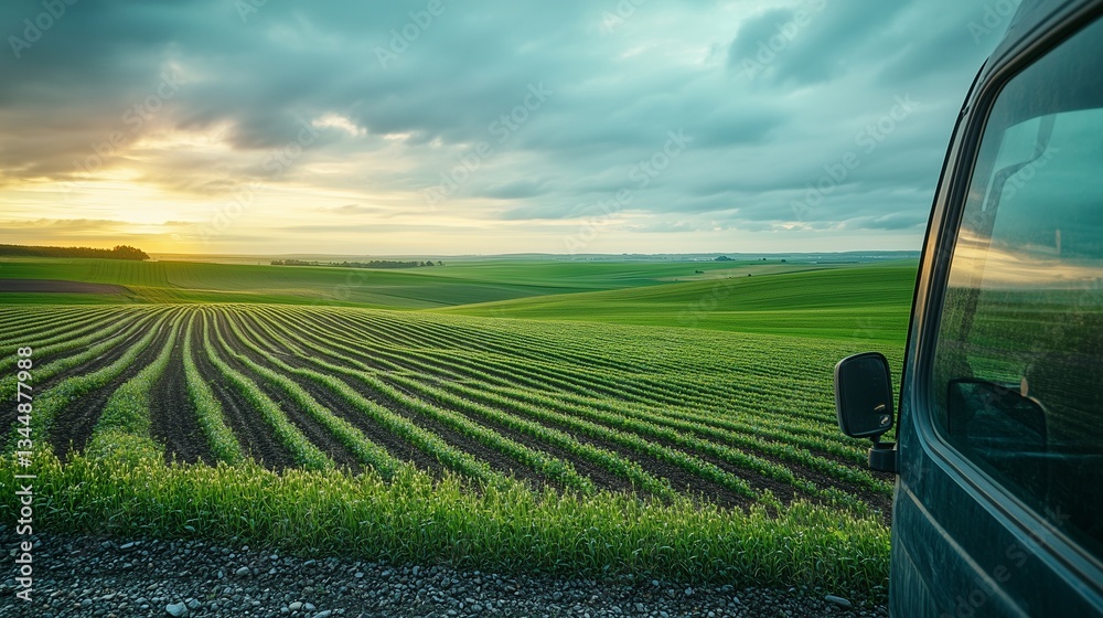 Obraz premium A peaceful farmland view from a truck window, with fields of green stretching into the distance under a soft, overcast sky.