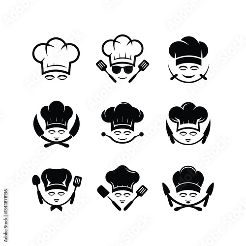 Chef Head Icon on Black Button with White Rollover Chef Hat Mustache Restaurant Symbol Template
 Chef Hat Icons - Multi Series Chef icon set
 