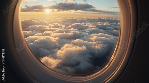 A serene aerial view of clouds from an airplane window with soft sunlight filtering through, showcasing a peaceful sky during flight.