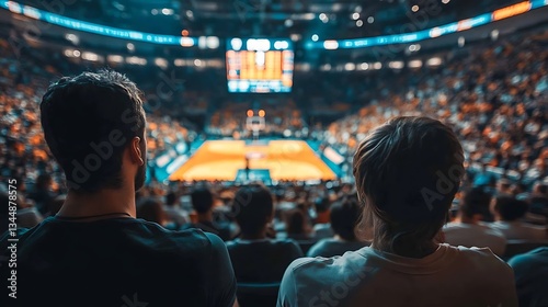 Fans watching basketball game from stands. March Madness thrill, intense championship competition and team support. Sports enthusiasts and basketball lovers