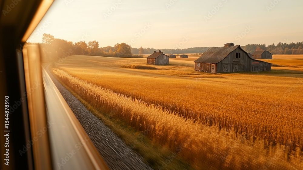 Obraz premium A serene countryside view from the window of a slow-moving train, with golden fields and rustic barns under a clear sky.