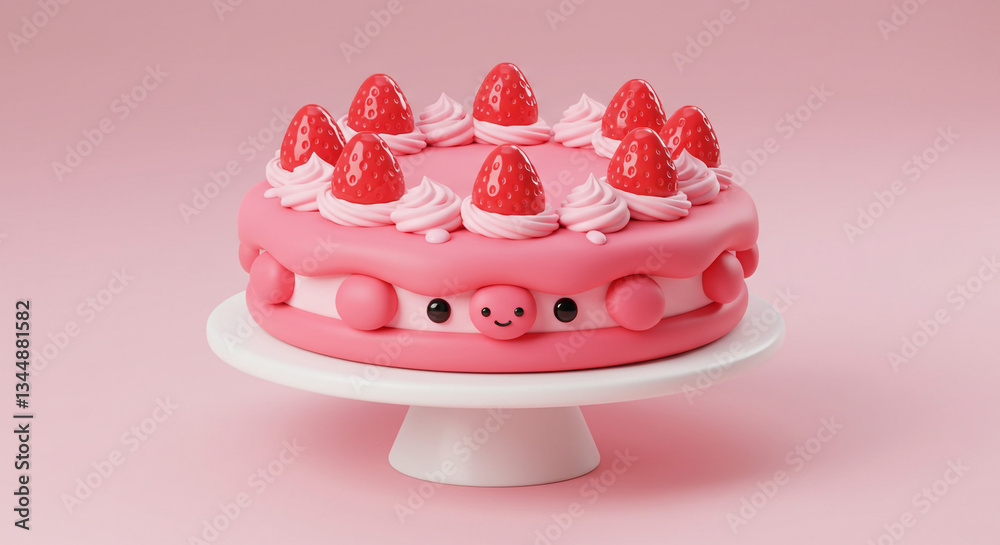 A delightful strawberry cake with a happy face, celebrating sweetness and joy in a dreamy pink world, on a simple white cake stand. A delightful strawberry cake with a happy face, celebrating sweetness and joy in a dreamy pink world, on a simple white cake stand.