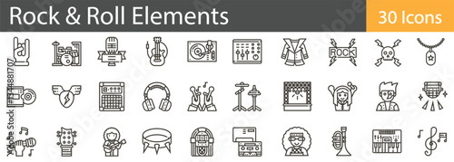 Rock and Roll Elements Line Icons Set. Collection of 30 outline icons representing rock music, instruments, and iconic elements of rock and roll culture. Editable stroke vector illustration.

