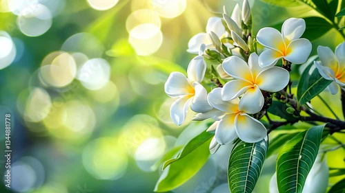 Beautiful white plumeria flowers bloom in a sunlit garden during spring with soft bokeh in the background