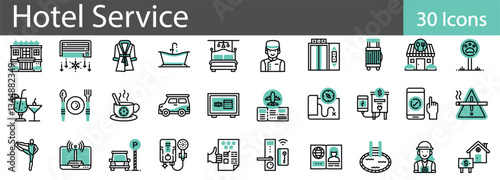 Hotel Service Line Icons Set. Collection of 30 outline icons representing hotel amenities, services, and facilities. Editable stroke vector illustration.