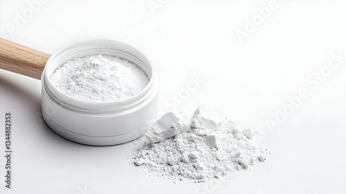 White Powder Poured From A Container With Wooden Handle On White Surface Texture