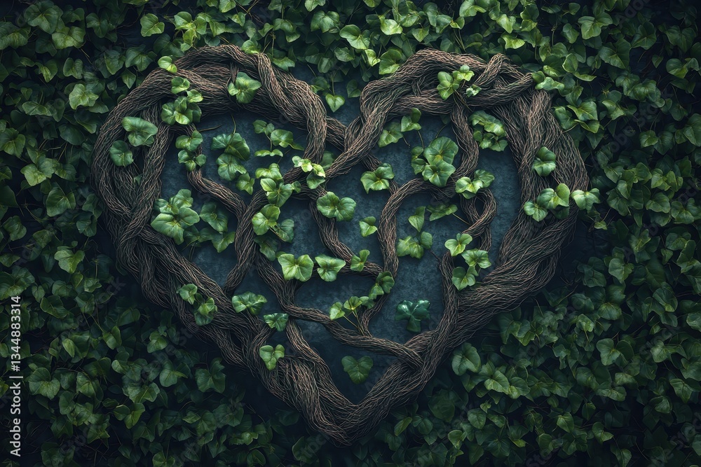 Naklejka premium A heart of intertwined vines surrounded by green leaves