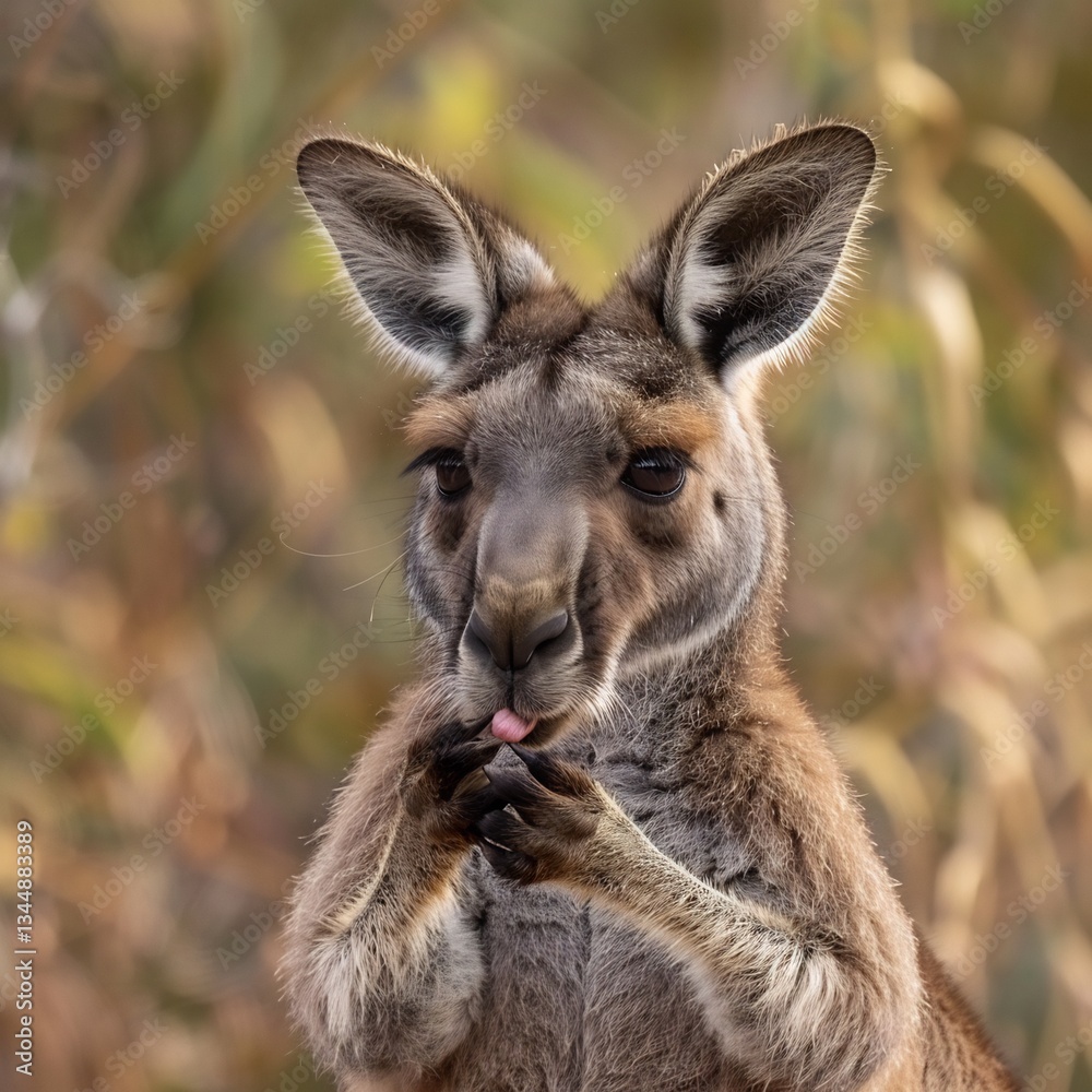 Western Grey Kangaroo cooling itself licking forearms midday heat sharp focus texture of tongue and fur shallow depth of field creating a soft blurred background overcast lighting for natural contrast Western Grey Kangaroo cooling itself licking forearms midday heat sharp focus texture of tongue and fur shallow depth of field creating a soft blurred background overcast lighting for natural contrast