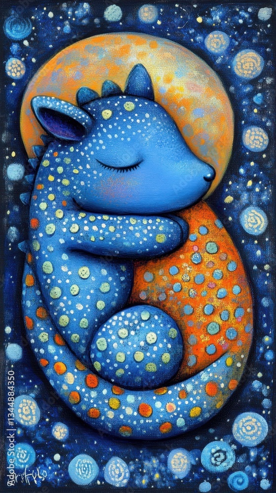 Fototapeta premium A peaceful blue creature cuddles a colorful spotted egg at night