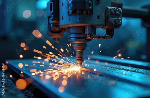 Close-up of metalworking with automated laser welding machine. Industrial steel production with sparks, heat, modern engineering, iron treatment. Mechanical manufacture with plasma, high precision photo