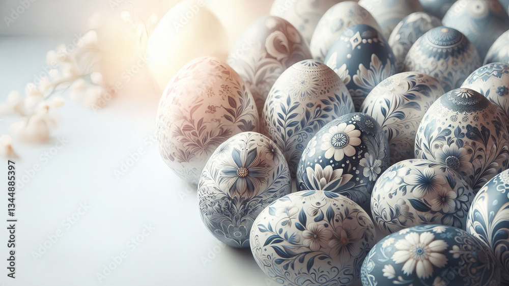 A collection of beautifully decorated Easter eggs glistens softly in gentle light. Each egg features intricate floral designs, showcasing the skill and creativity of traditional craft, copy space