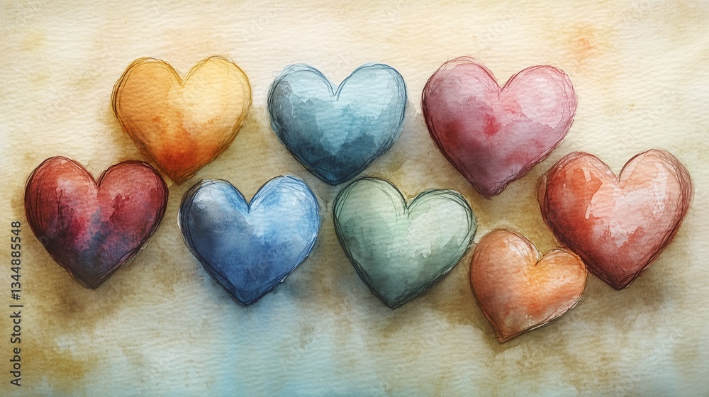 Fototapeta premium Delicate Watercolor Hearts in Soft Pastel Colors on Textured Paper