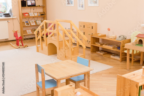 Montessori classroom with wooden furniture