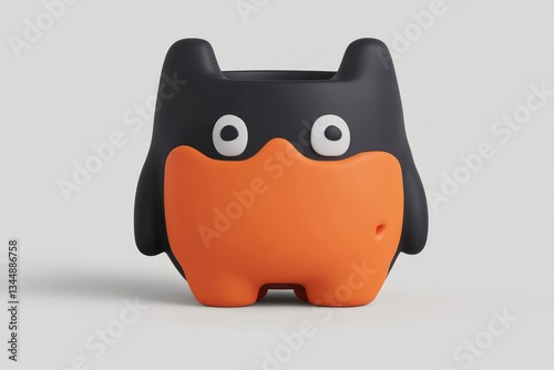 Cute, stylized, cartoon owl-shaped planter.  A small, whimsical, 3D-rendered,  decorative pot.  Features large eyes, a round orange belly, and dark gray wings photo