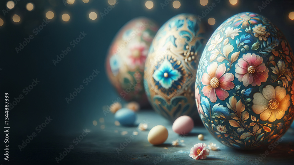 close-up ornately decorated Easter eggs, each featuring stunning floral designs. The rich colors and detailed artwork embody the joy of the holiday season, evoking warmth and creativity