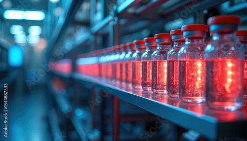 Medical vials on shelf in lab with pharmaceutical manufacturing automation, bright light. Medicine in ampoules, science, health care, pharmacy, production, medicals, factory, container, sterile