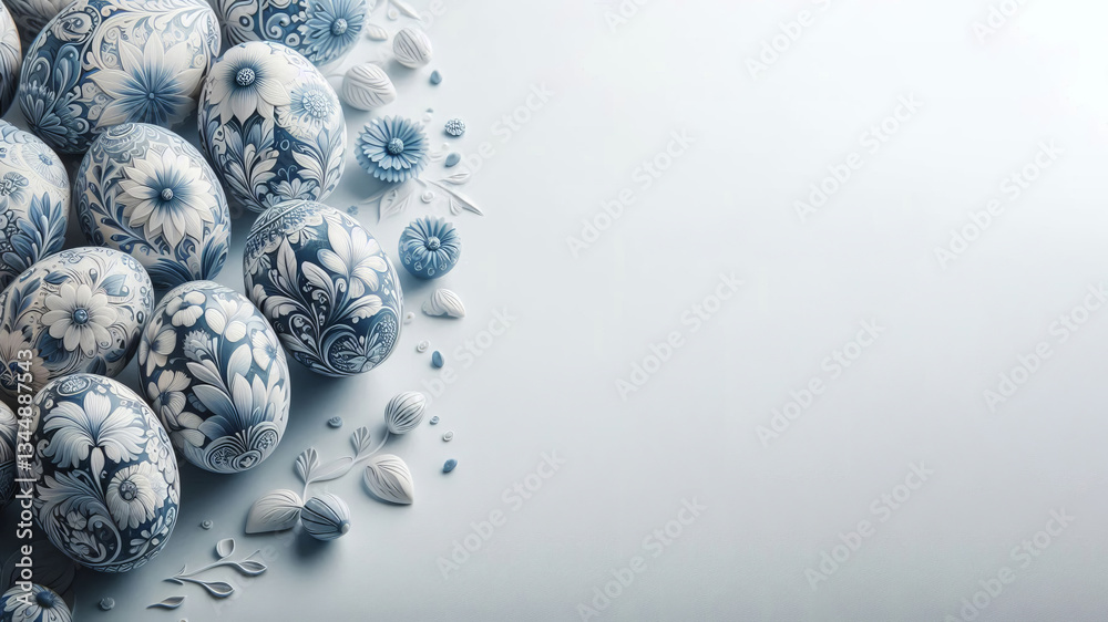 banner with smooth, minimalist white space with scattered white blue easter eggs at the edge, offering a modern and sophisticated aesthetic.