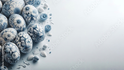 Obraz na płótnie banner with smooth, minimalist white space with scattered white blue easter eggs at the edge, offering a modern and sophisticated aesthetic. w salonie