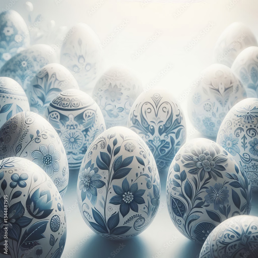 collection of white and blue Easter eggs showcases intricate floral patterns, glistening softly in diffused light. This serene arrangement evokes the joyous spirit of spring celebrations and artistry.