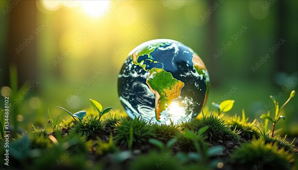 a glass globe resting on lush green moss, illuminated by soft sunlight filtering through trees. It beautifully represents the harmony between nature and our planet, inspiring a sense of peace