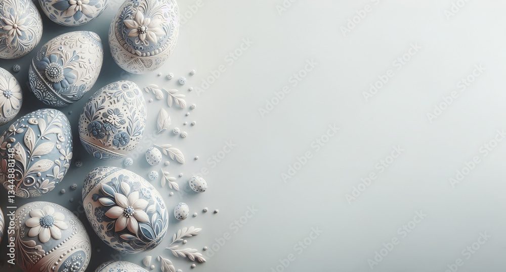 White and blue decorated Easter eggs are lined up along a smooth surface with empty space for text. Delicate patterns and calming colors create a harmonious atmosphere symbolizing the beauty