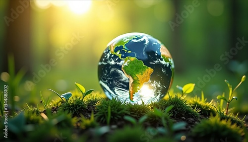 Obraz na płótnie a glass globe resting on lush green moss, illuminated by soft sunlight filtering through trees. It beautifully represents the harmony between nature and our planet, inspiring a sense of peace w salonie