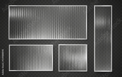 Ribbed glass vector glossy plate. Glass wavy clear plastic texture clear rectangular banners. Acrylic reeded fluted panel isolated