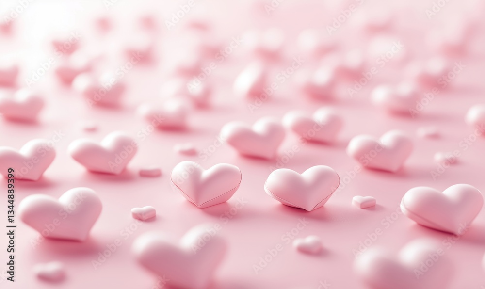 Pink heart shapes scattered on soft pink background for romantic themes Pink heart shapes scattered on soft pink background for romantic themes