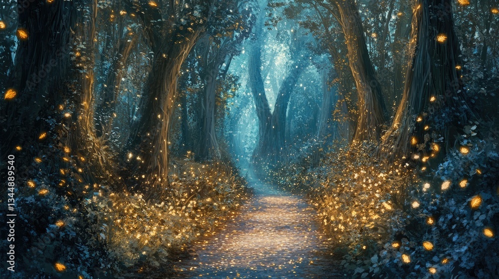 Fototapeta premium Enchanted Forest Pathway with Glowing Lights and Lush Greenery in a Mystical Setting