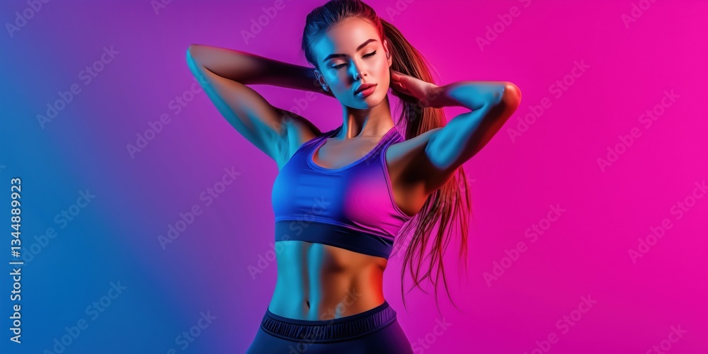Fitness model showcasing toned physique in vibrant pink and blue lighting Fitness model showcasing toned physique in vibrant pink and blue lighting