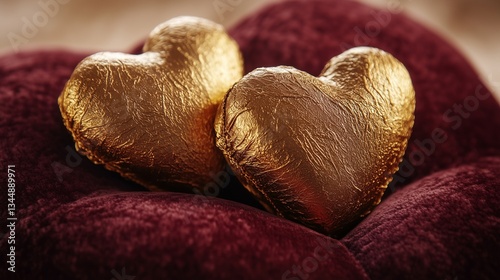 Pair of Chocolate Hearts Wrapped in Golden Foil on a Velvet Cushion