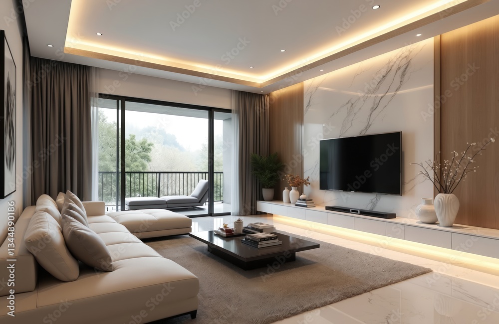 Fototapeta premium Modern minimalist living room with marble wall panel and big TV set. Beige sofa with coffee table on carpet and green plant near balcony window. Interior design in luxury apartment.