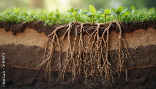 Cutaway view of soil layers roots spreading. Seedling grows with sunlight. Ground earth cross section includes dirt, clay, humus, minerals. Soil biology, soil texture, sustainability, agriculture