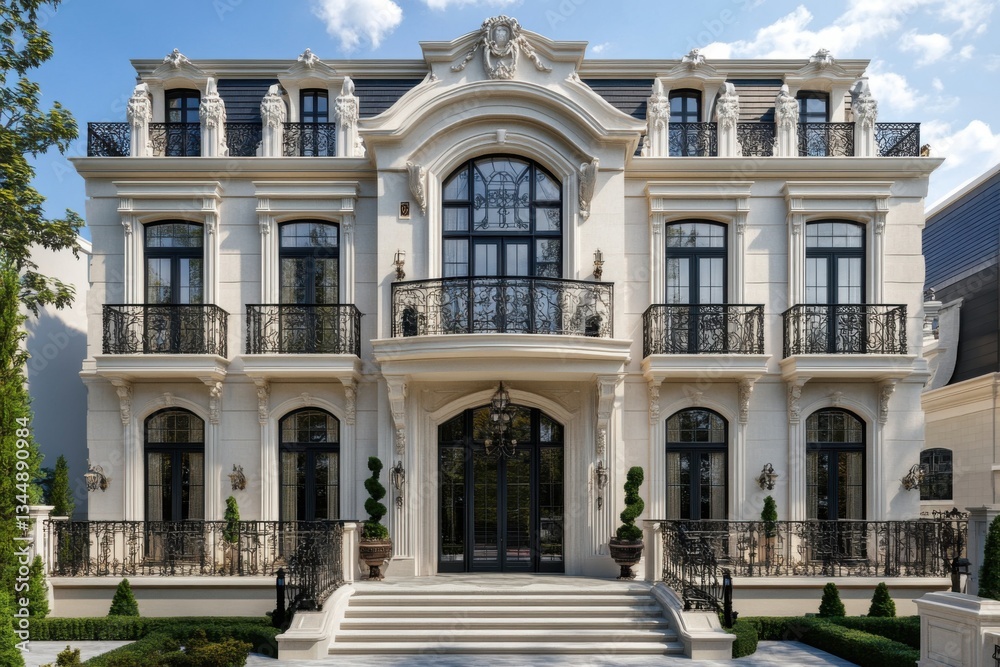 Fototapeta premium Elegant luxury mansion showcasing classical architecture with ornate details and lush landscaping in a sunny daytime setting, inviting a sense of grandeur and sophistication